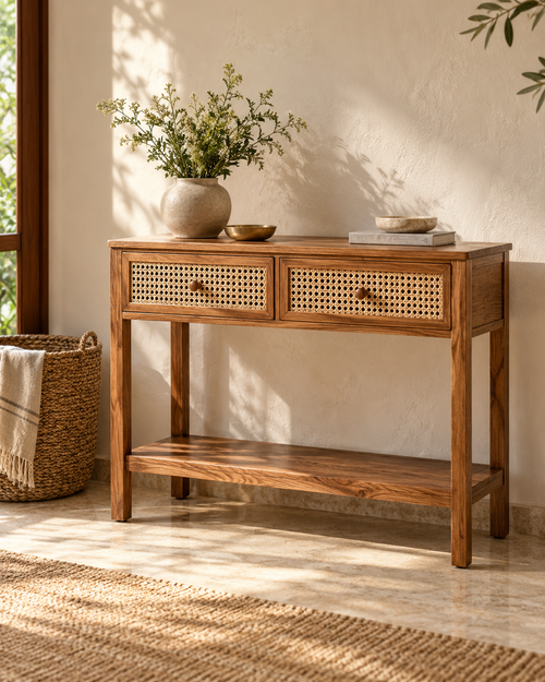 Bunai console design visualisation; proposed design, not a photograph of a finished product. Styling accessories are not included.
