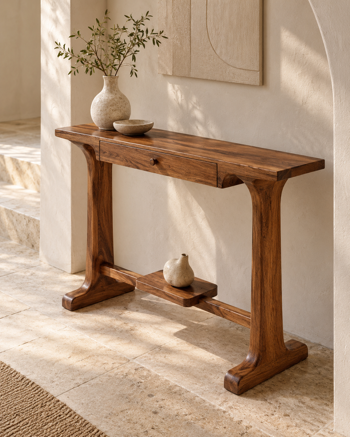 Lehar console design visualisation; proposed design, not a photograph of a finished product. Styling accessories are not included.