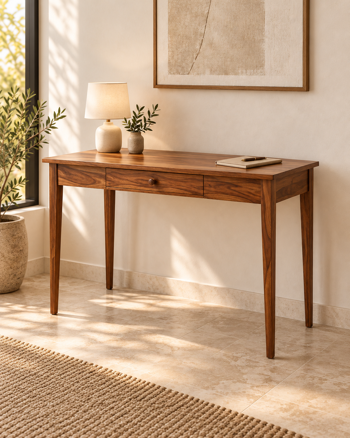 Roz console design visualisation; proposed design, not a photograph of a finished product. Styling accessories are not included.